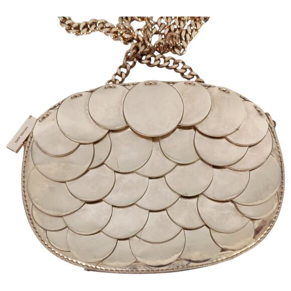 Michael Kors Handbag Small Womens Gold Leather Crossbody Chain Strap Fabric Zip - Picture 4 of 12